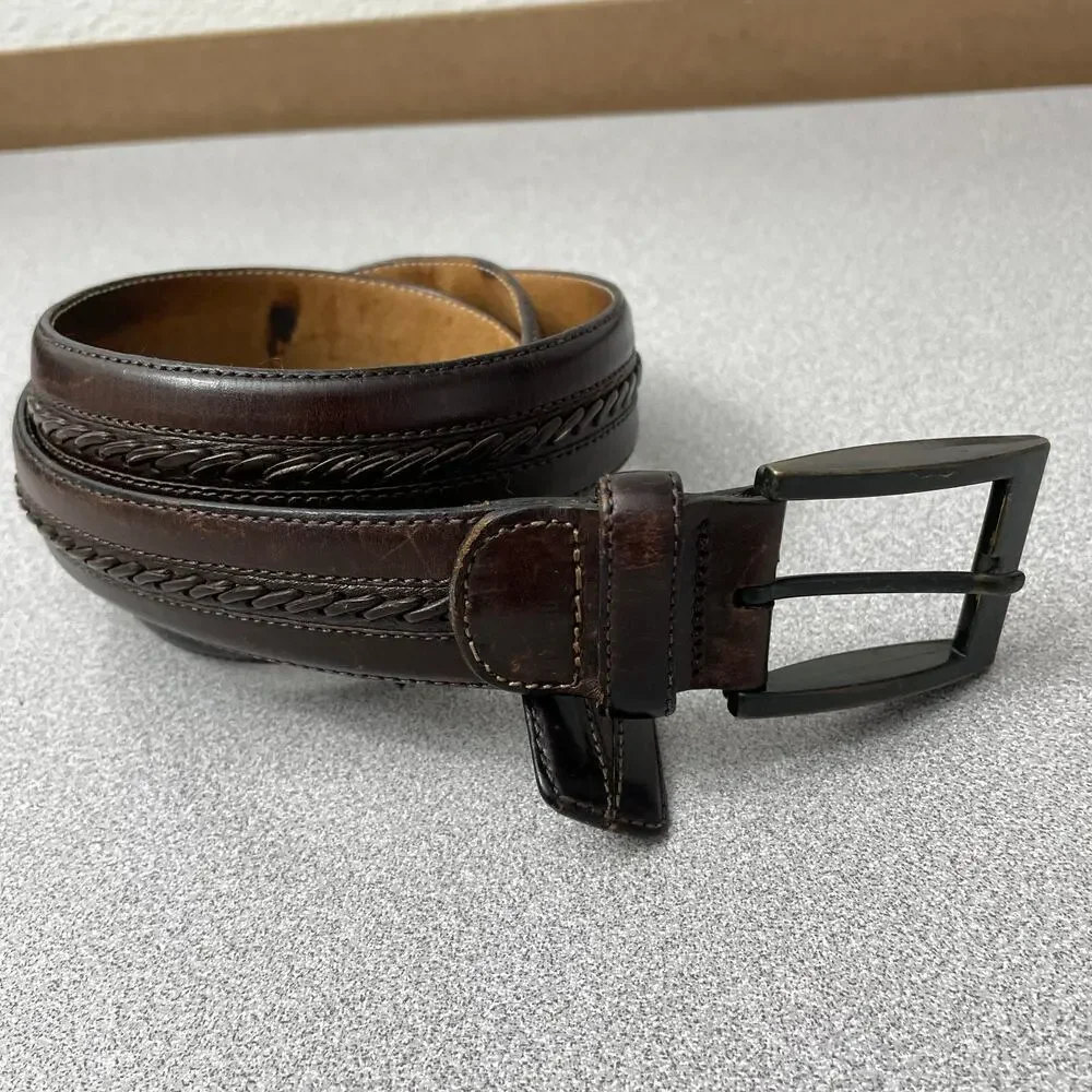 Mezlan Mens Leather Belt Size M Brown Woven Stripe Gunmetal Buckle 1.25in *